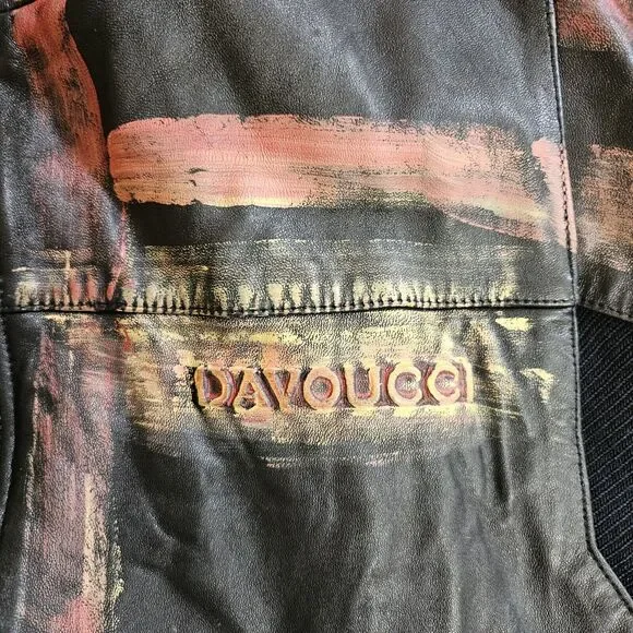Rare Davoucci Leather Jacket Heavy Baggy Vintage Y2K Full Art Black Size XL
